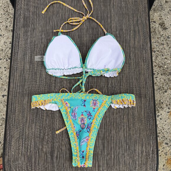 Unbranded Bikini Swimsuit Turquoise Green Print Large Boho - Picture 2 of 5